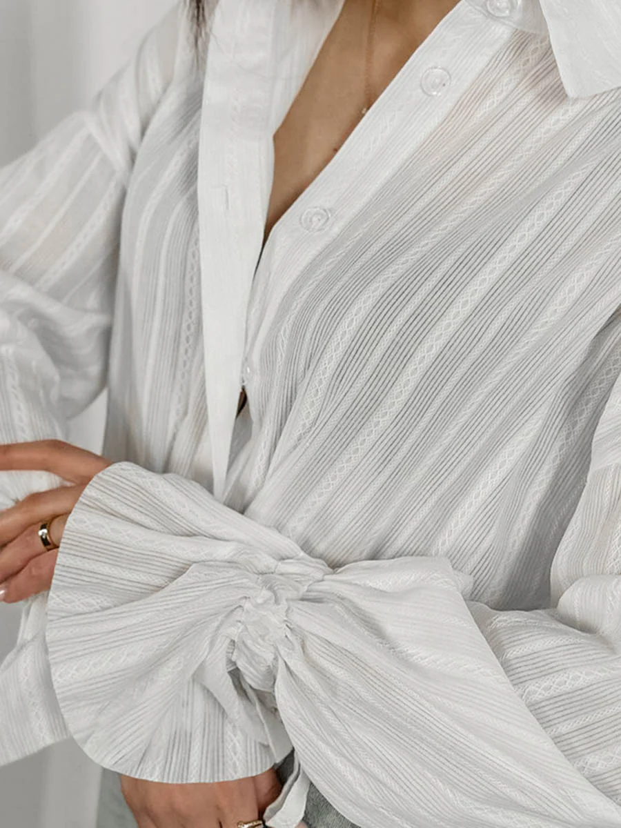 Long Sleeves Loose Buttoned Solid Color Split-Joint Striped Lapel Blouses&Shirts Tops - Image 5