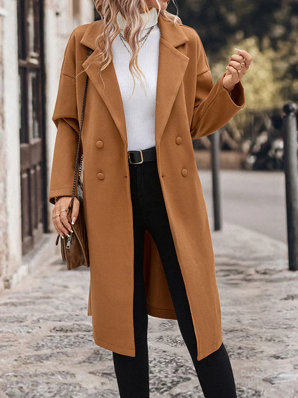 Long Sleeves Loose Buttoned Solid Color Split-Joint Tied Waist Notched Collar Woolen Coat - Image 2