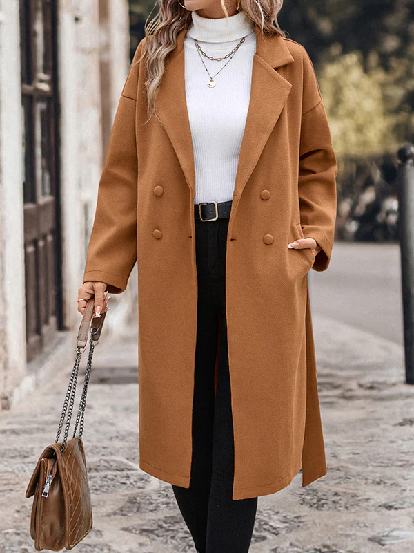 Long Sleeves Loose Buttoned Solid Color Split-Joint Tied Waist Notched Collar Woolen Coat - Image 3
