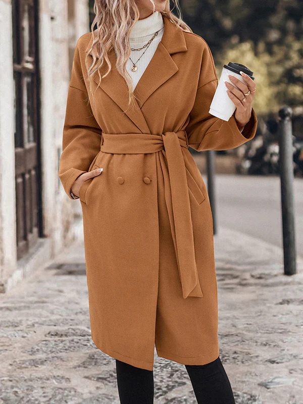 Long Sleeves Loose Buttoned Solid Color Split-Joint Tied Waist Notched Collar Woolen Coat - Image 4