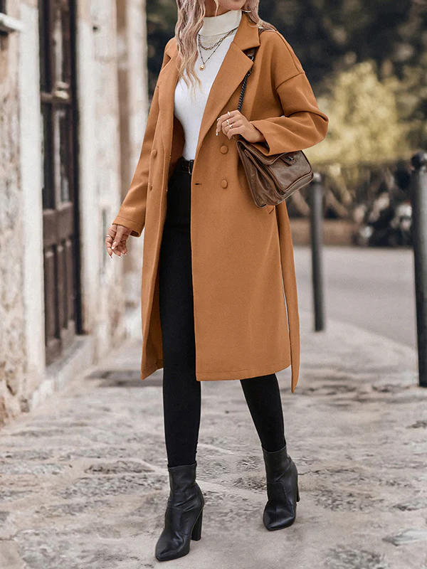 Long Sleeves Loose Buttoned Solid Color Split-Joint Tied Waist Notched Collar Woolen Coat - Image 5