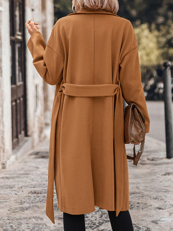Long Sleeves Loose Buttoned Solid Color Split-Joint Tied Waist Notched Collar Woolen Coat - Image 6