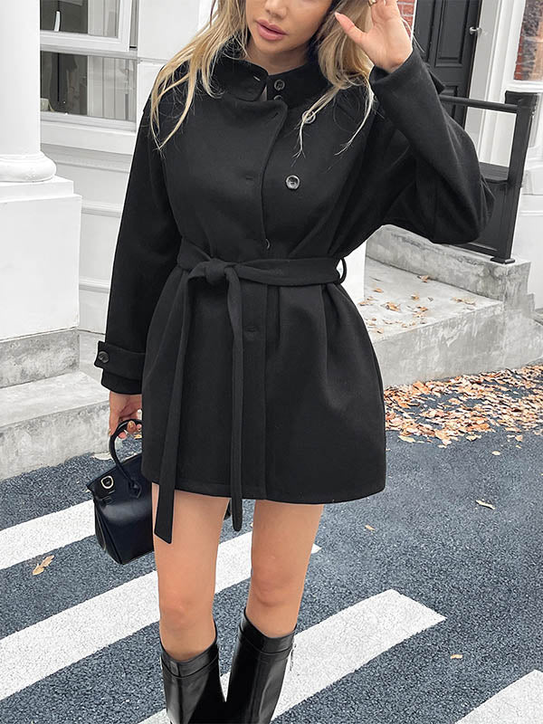 Long Sleeves Loose Buttoned Solid Color Split-Joint Tied Waist Stand Collar Coats Outerwear - Image 2