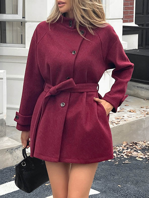 Long Sleeves Loose Buttoned Solid Color Split-Joint Tied Waist Stand Collar Coats Outerwear - Image 6