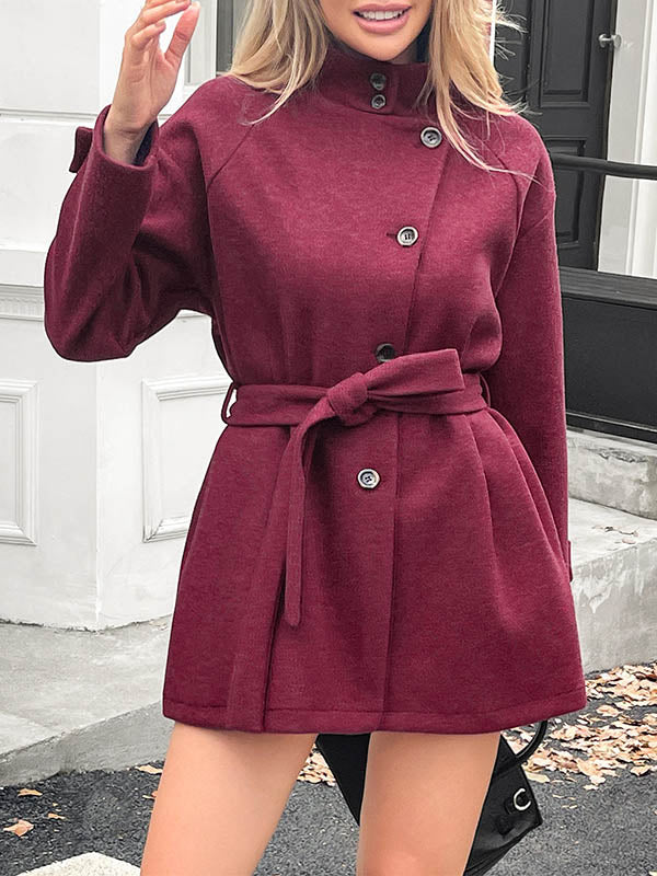Long Sleeves Loose Buttoned Solid Color Split-Joint Tied Waist Stand Collar Coats Outerwear - Image 7