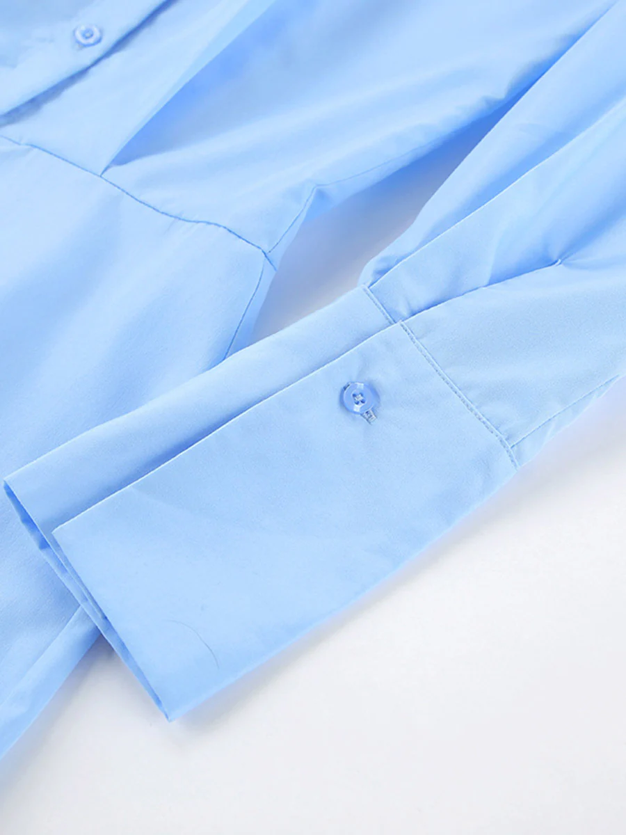 Long Sleeves Loose Buttoned Solid Color Split-Joint Twist Lapel Mini Dresses Shirt Dress - Image 10