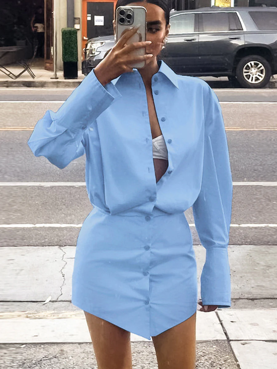 Long Sleeves Loose Buttoned Solid Color Split-Joint Twist Lapel Mini Dresses Shirt Dress - Image 2