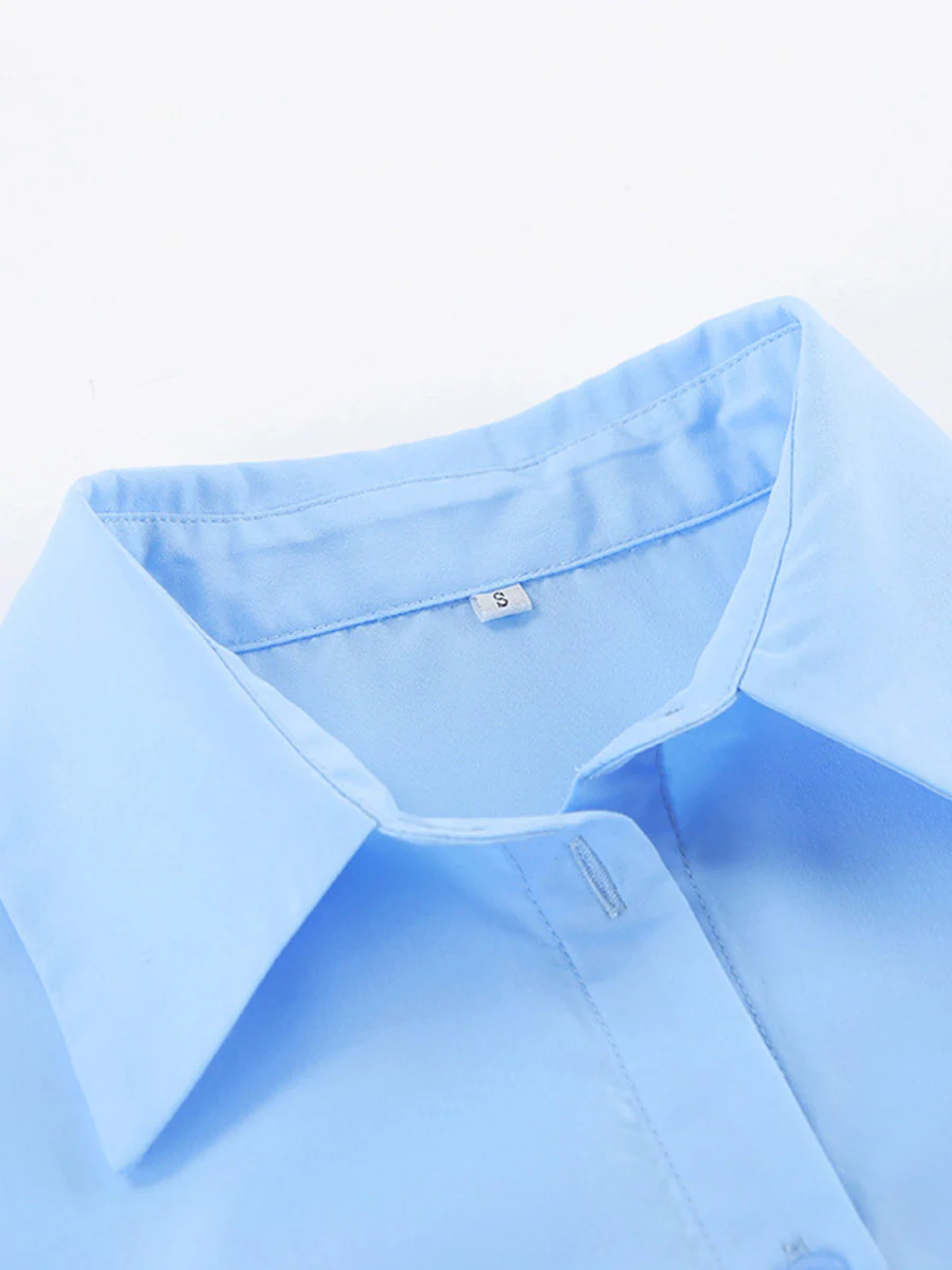 Long Sleeves Loose Buttoned Solid Color Split-Joint Twist Lapel Mini Dresses Shirt Dress - Image 6