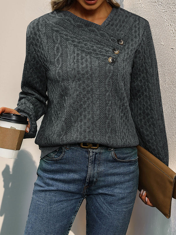 Long Sleeves Loose Buttoned Solid Color Split-Joint V-Neck Sweatshirt Tops - Image 2