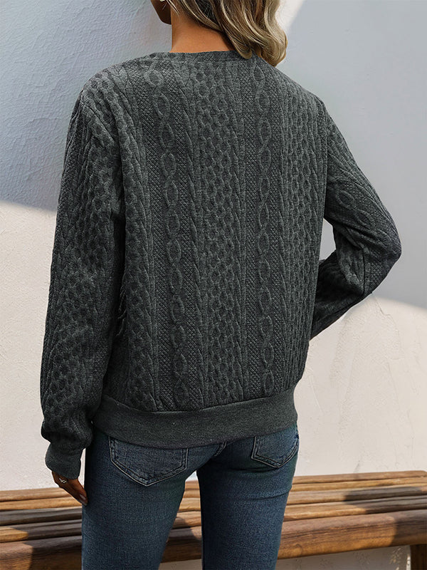 Long Sleeves Loose Buttoned Solid Color Split-Joint V-Neck Sweatshirt Tops - Image 5