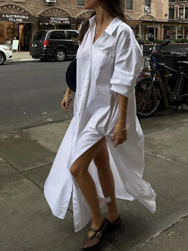 Long Sleeves Loose Buttoned Solid Color Split-Side Lapel Maxi Shirt Dress - Image 2