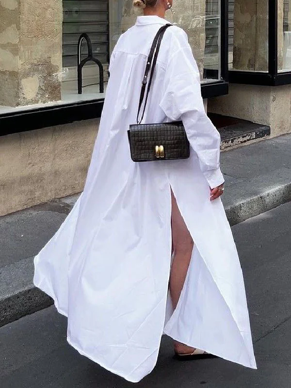 Long Sleeves Loose Buttoned Solid Color Split-Side Lapel Maxi Shirt Dress - Image 3