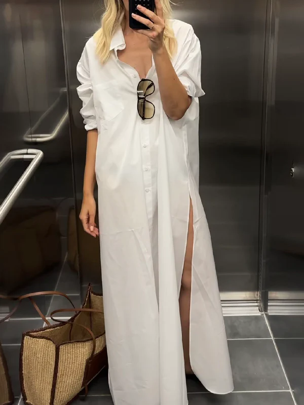 Long Sleeves Loose Buttoned Solid Color Split-Side Lapel Maxi Shirt Dress - Image 6