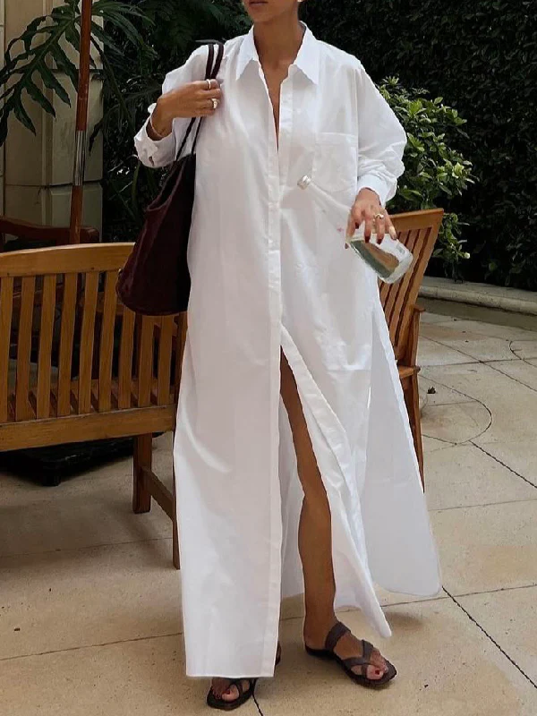 Long Sleeves Loose Buttoned Solid Color Split-Side Lapel Maxi Shirt Dress - Image 7