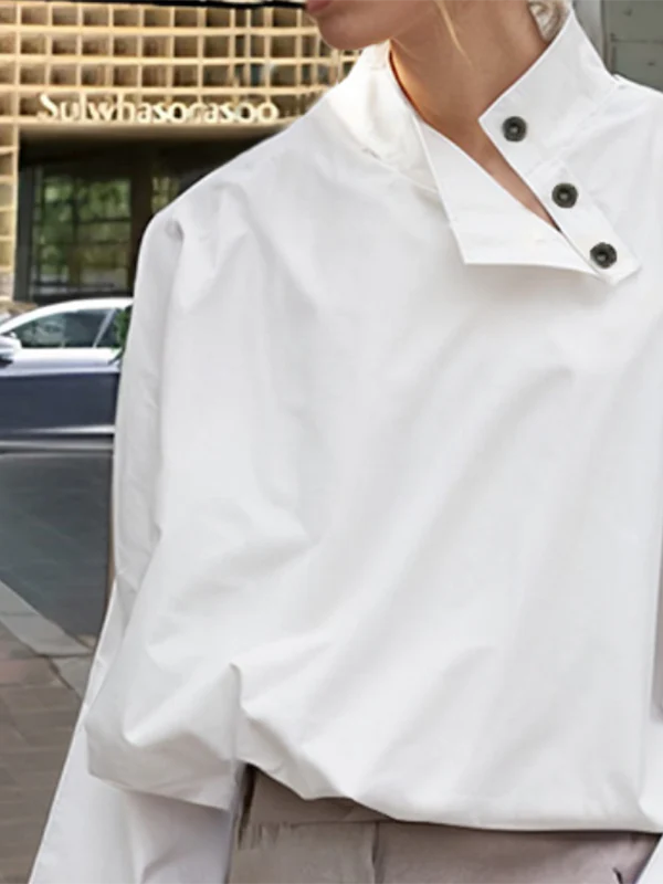 Long Sleeves Loose Buttoned Solid Color Stand Collar Blouses&Shirts Tops - Image 2