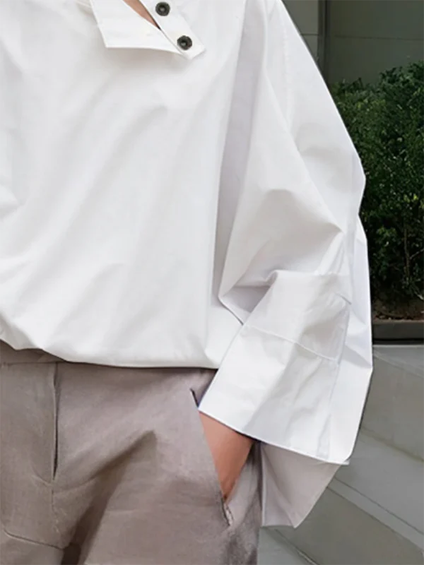 Long Sleeves Loose Buttoned Solid Color Stand Collar Blouses&Shirts Tops - Image 3
