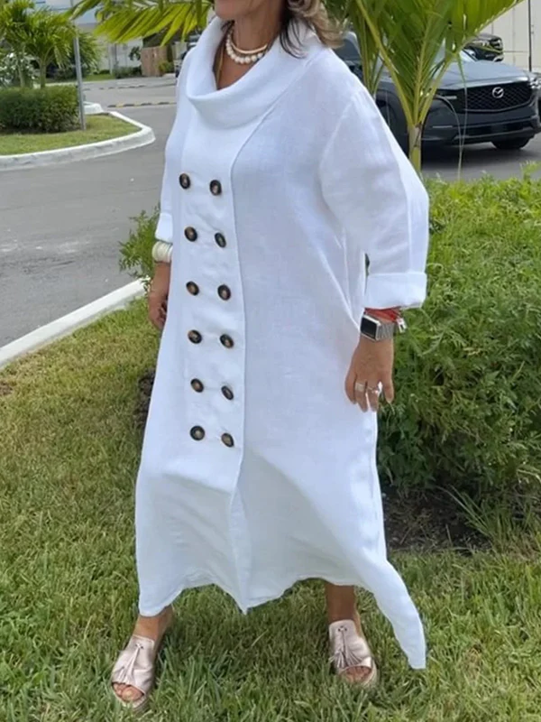 Long Sleeves Loose Buttoned Solid Color Stand Collar Maxi Dresses - Image 2