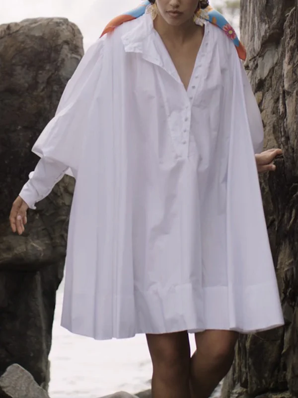 Long Sleeves Loose Buttoned Solid Color Stand Collar Mini Dresses Shirt Dress - Image 2