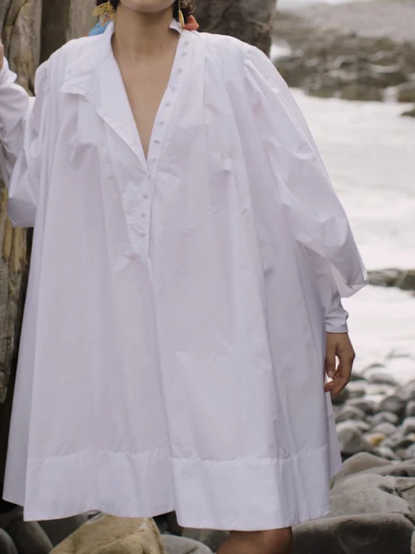 Long Sleeves Loose Buttoned Solid Color Stand Collar Mini Dresses Shirt Dress - Image 3