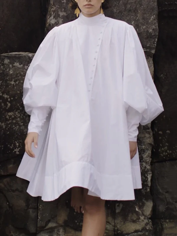 Long Sleeves Loose Buttoned Solid Color Stand Collar Mini Dresses Shirt Dress - Image 4