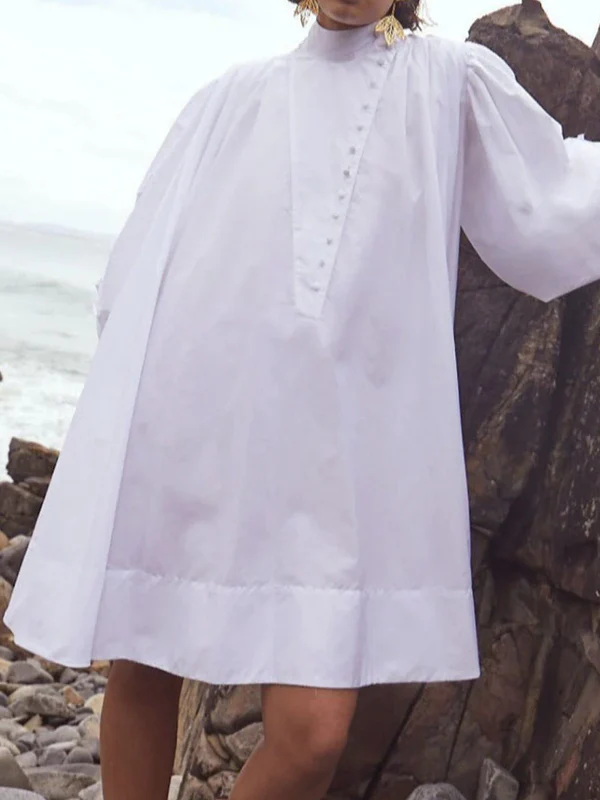 Long Sleeves Loose Buttoned Solid Color Stand Collar Mini Dresses Shirt Dress - Image 5