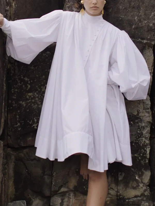 Long Sleeves Loose Buttoned Solid Color Stand Collar Mini Dresses Shirt Dress - Image 6
