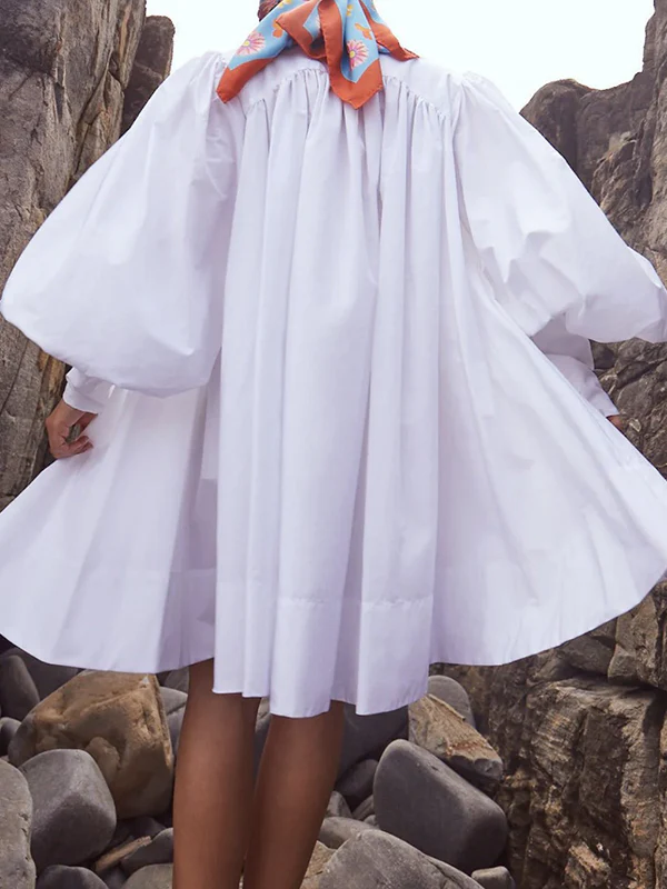 Long Sleeves Loose Buttoned Solid Color Stand Collar Mini Dresses Shirt Dress - Image 8