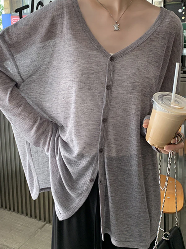 Long Sleeves Loose Buttoned Solid Color Sun Protection V-Neck Cardigan Tops - Image 2