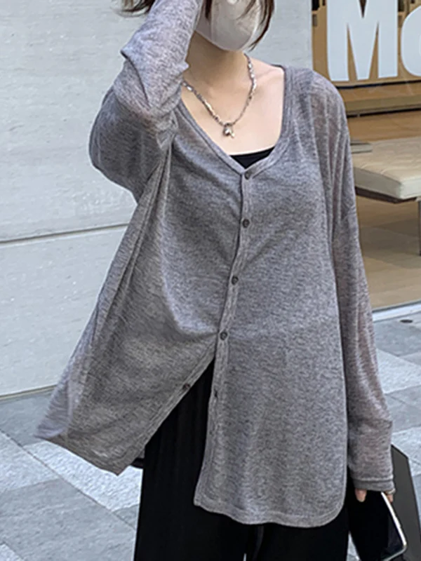 Long Sleeves Loose Buttoned Solid Color Sun Protection V-Neck Cardigan Tops - Image 3