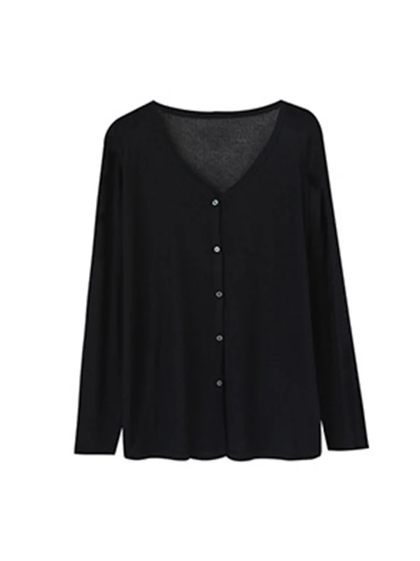Long Sleeves Loose Buttoned Solid Color Sun Protection V-Neck Cardigan Tops - Image 7