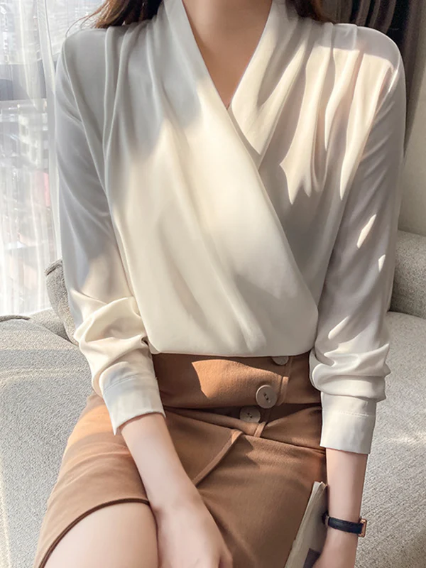 Long Sleeves Loose Buttoned Solid Color V-Neck Blouses&Shirts Tops - Image 11