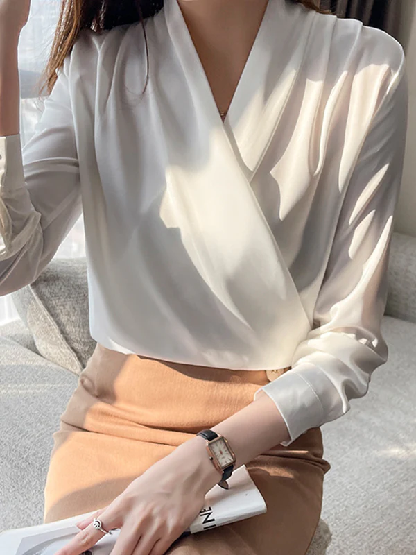 Long Sleeves Loose Buttoned Solid Color V-Neck Blouses&Shirts Tops - Image 12
