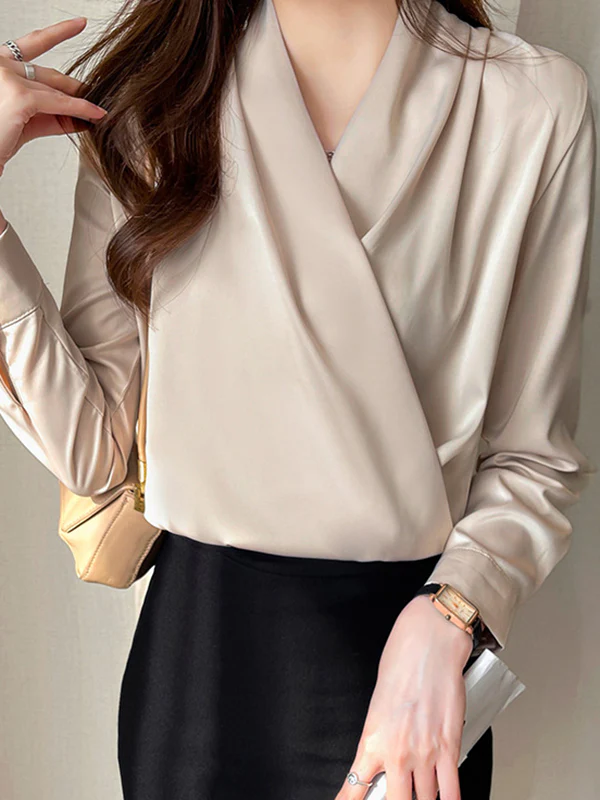 Long Sleeves Loose Buttoned Solid Color V-Neck Blouses&Shirts Tops - Image 13