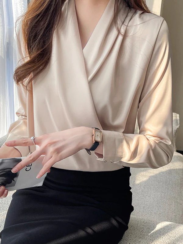 Long Sleeves Loose Buttoned Solid Color V-Neck Blouses&Shirts Tops - Image 14