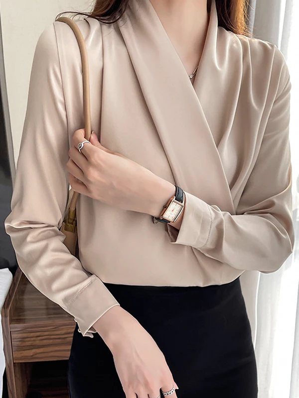 Long Sleeves Loose Buttoned Solid Color V-Neck Blouses&Shirts Tops - Image 15