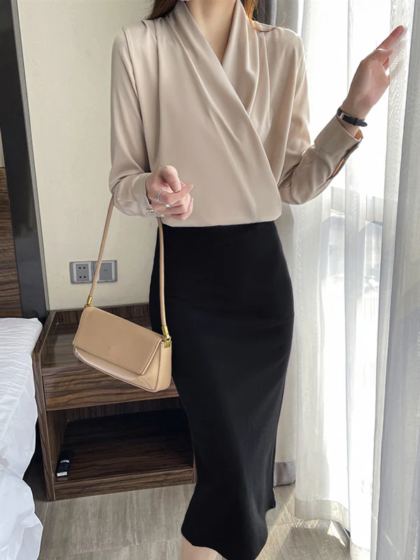 Long Sleeves Loose Buttoned Solid Color V-Neck Blouses&Shirts Tops - Image 17