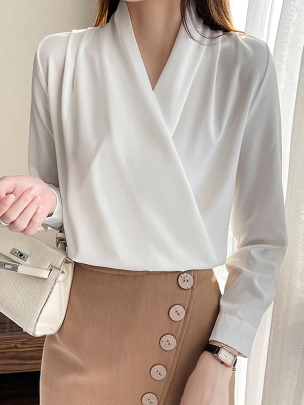 Long Sleeves Loose Buttoned Solid Color V-Neck Blouses&Shirts Tops - Image 18