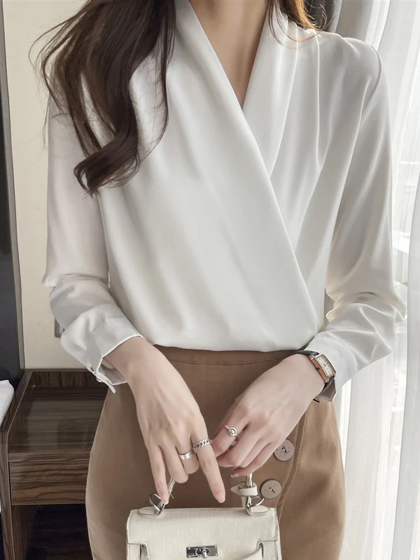 Long Sleeves Loose Buttoned Solid Color V-Neck Blouses&Shirts Tops - Image 2