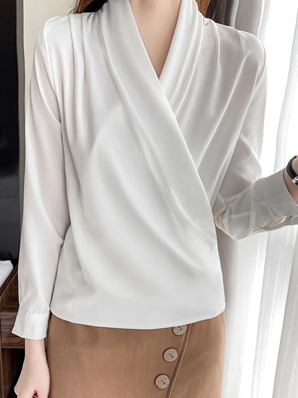 Long Sleeves Loose Buttoned Solid Color V-Neck Blouses&Shirts Tops - Image 21