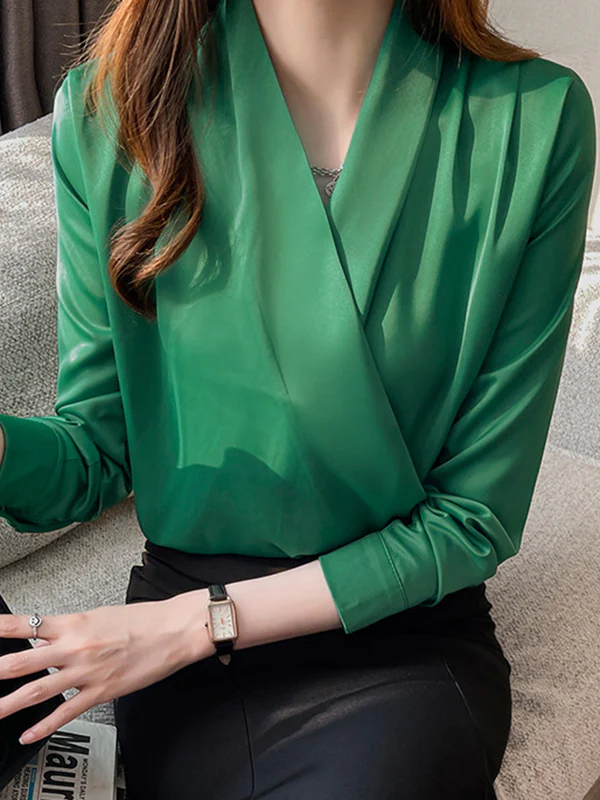 Long Sleeves Loose Buttoned Solid Color V-Neck Blouses&Shirts Tops - Image 23