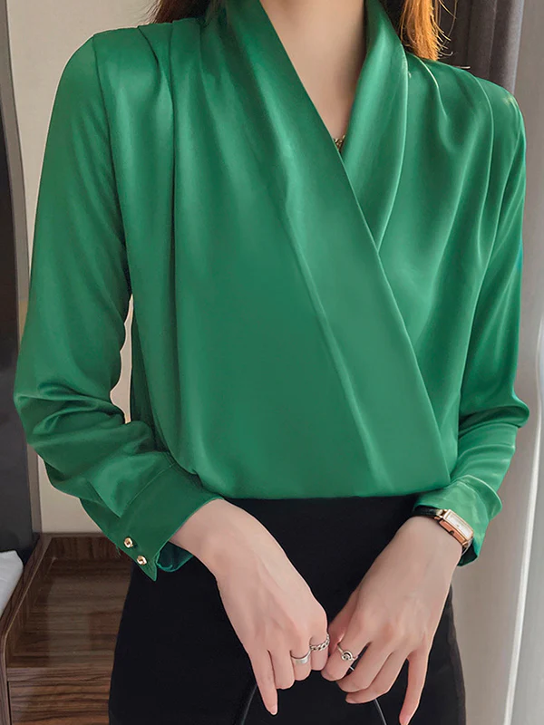 Long Sleeves Loose Buttoned Solid Color V-Neck Blouses&Shirts Tops - Image 24