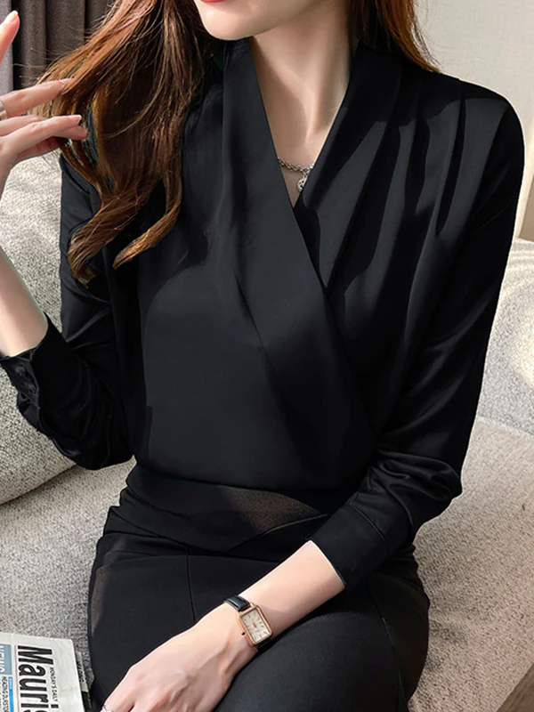 Long Sleeves Loose Buttoned Solid Color V-Neck Blouses&Shirts Tops - Image 25