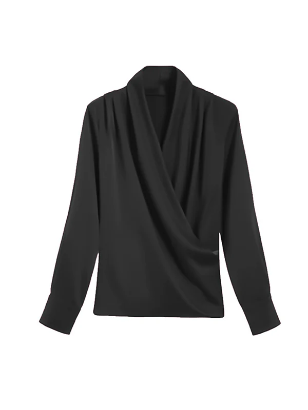 Long Sleeves Loose Buttoned Solid Color V-Neck Blouses&Shirts Tops - Image 26