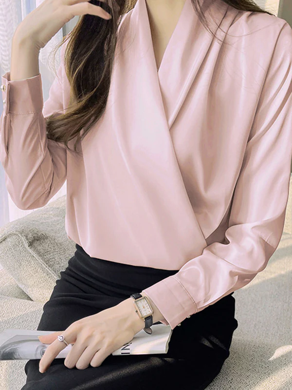 Long Sleeves Loose Buttoned Solid Color V-Neck Blouses&Shirts Tops - Image 5