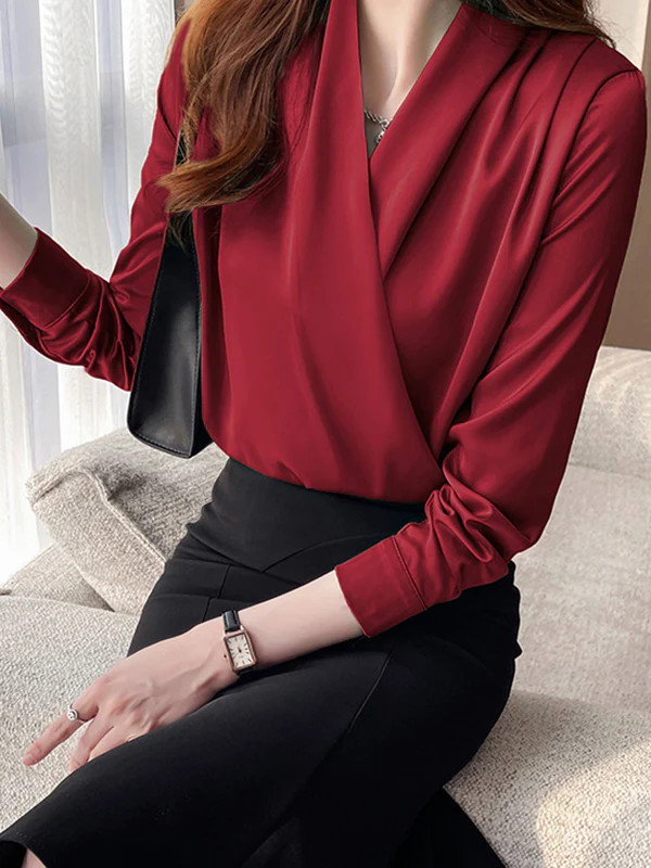 Long Sleeves Loose Buttoned Solid Color V-Neck Blouses&Shirts Tops - Image 6