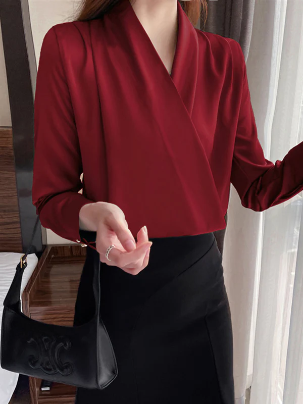 Long Sleeves Loose Buttoned Solid Color V-Neck Blouses&Shirts Tops - Image 7