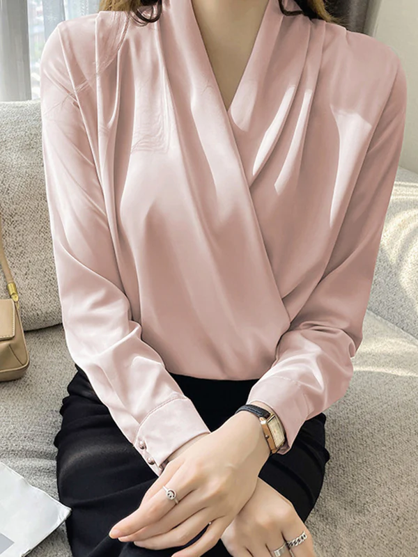 Long Sleeves Loose Buttoned Solid Color V-Neck Blouses&Shirts Tops - Image 9