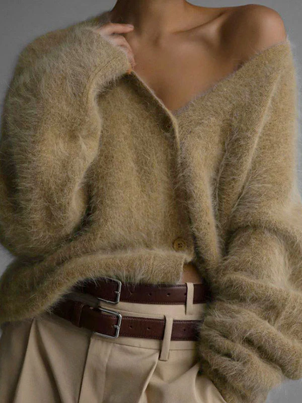 Long Sleeves Loose Buttoned Solid Color V-Neck Cardigan Tops - Image 2