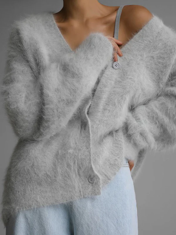Long Sleeves Loose Buttoned Solid Color V-Neck Cardigan Tops - Image 3