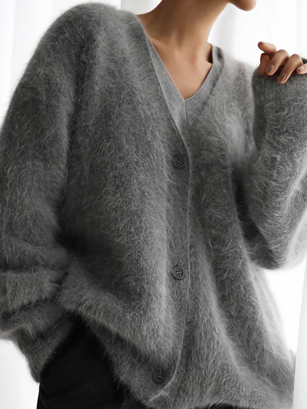 Long Sleeves Loose Buttoned Solid Color V-Neck Cardigan Tops - Image 4